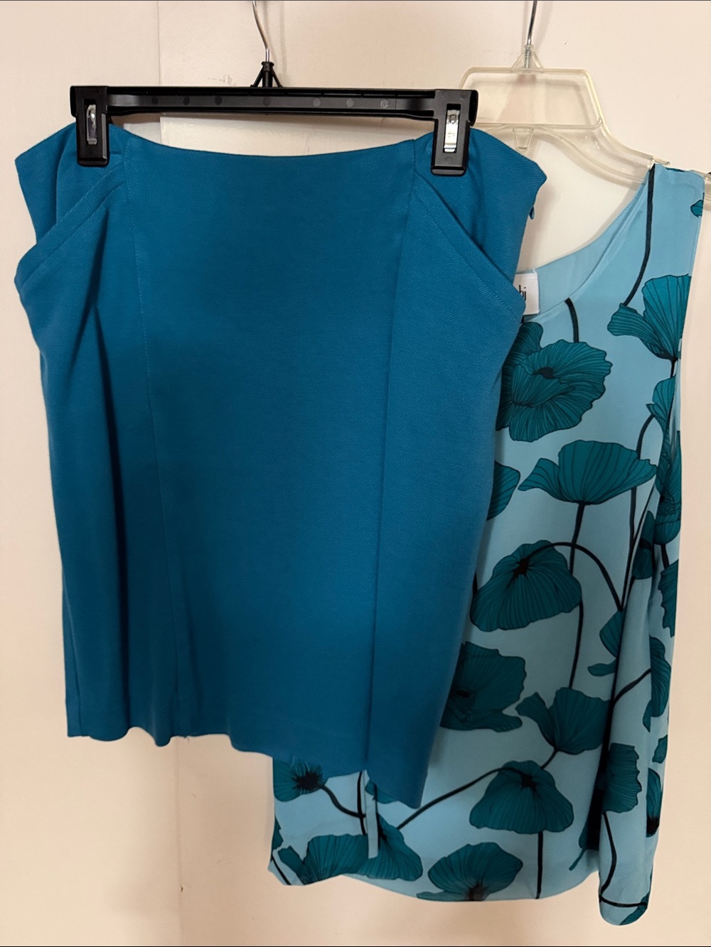 CAbi Teal Pencil Skirt with Floral Shell - Teal & Light Blue